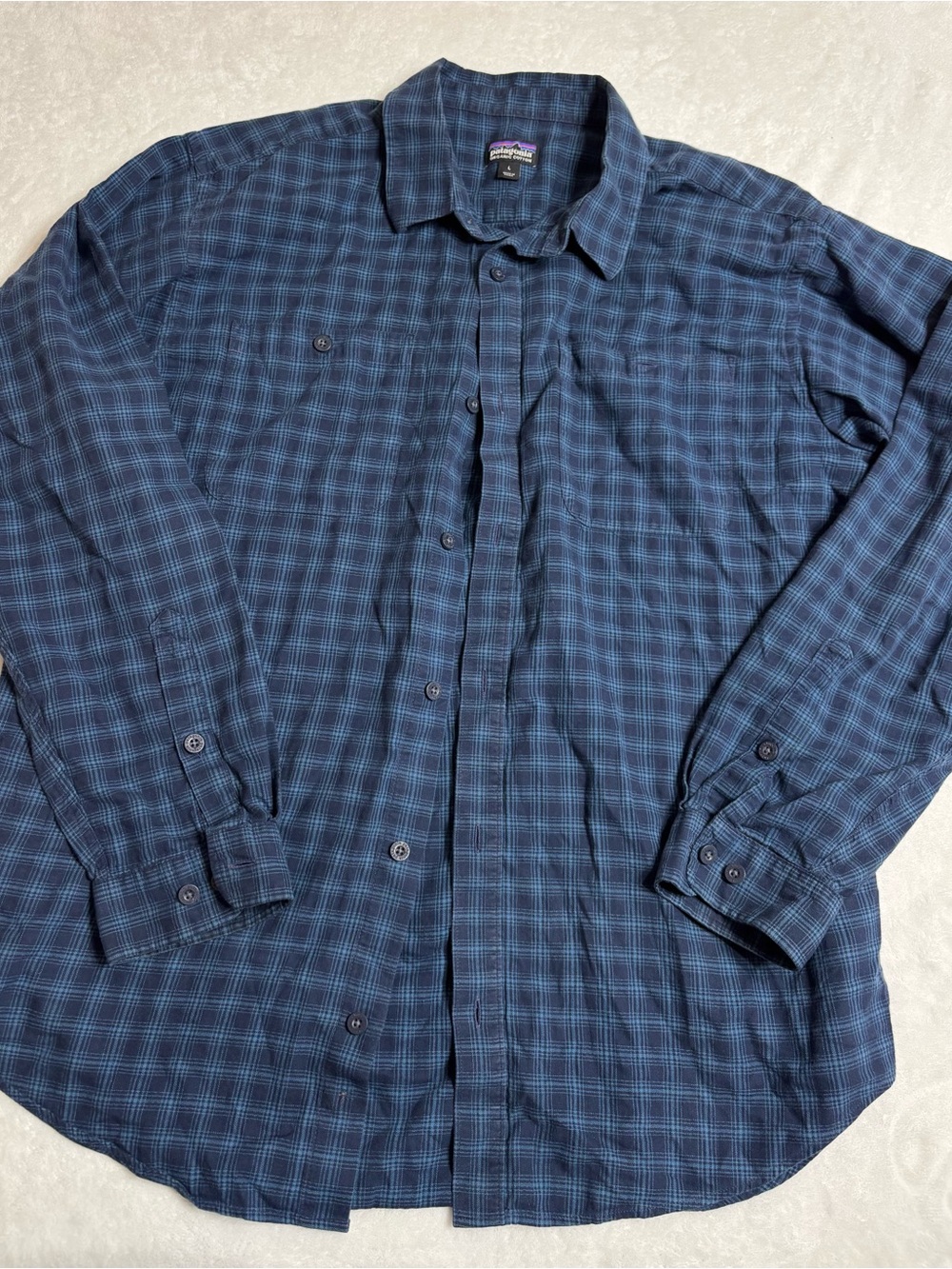 Patagonia Men’s Navy and Teal Plaid Button-Down Shirt